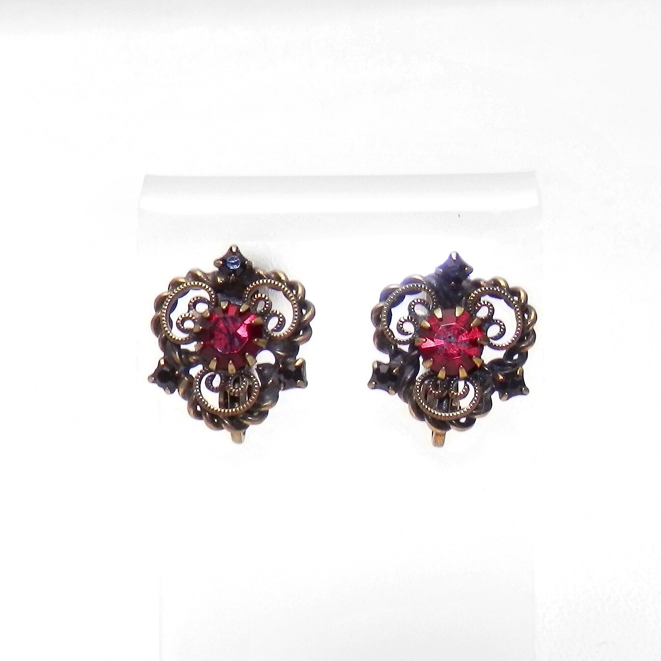 Vintage Designer Hobe Bracelet Earrings Set Filigree Red Stones Statement Signed