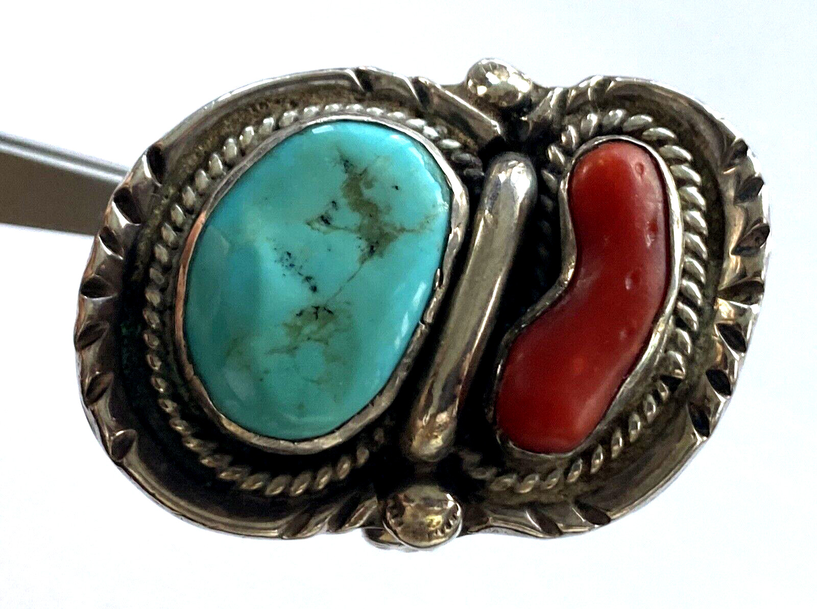Vintage Native American Turquoise Red Coral Men’s Ring 28.41gr Size 12