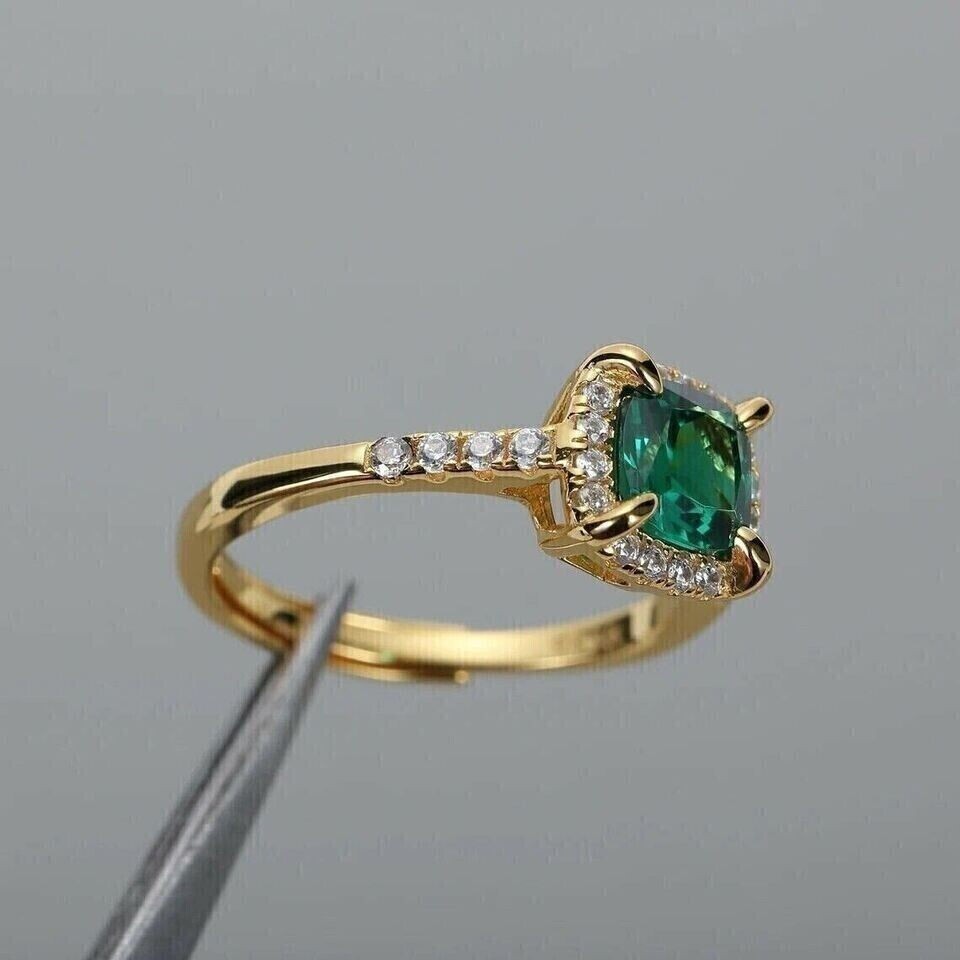 2.50Ct Cushion Cut Simulated Emerald Halo Engagement Ring 14K Yellow Gold Plated
