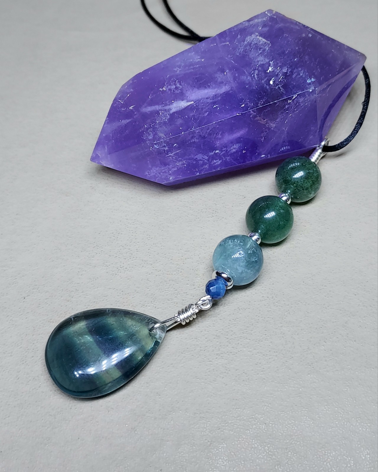 Blue Fluorite Pendant With Green Strawberry Quartz, Colorful Artisan Crafted
