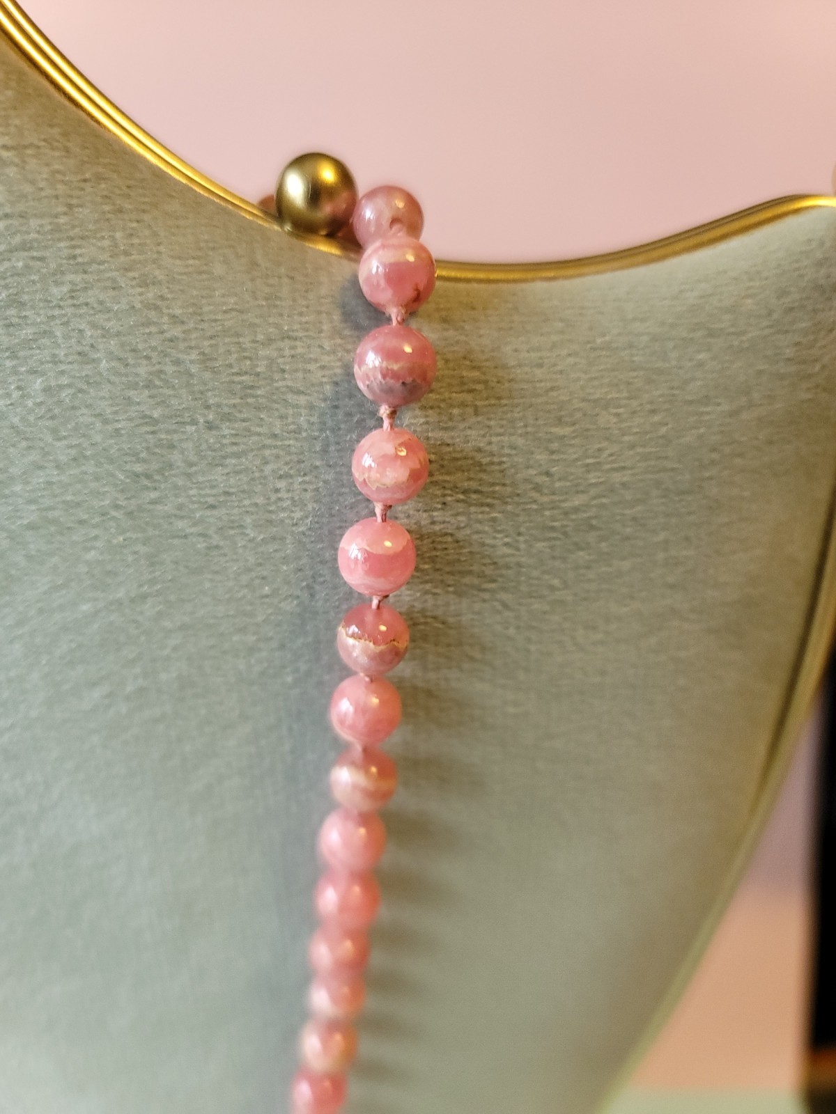 Vintage Genuine Rhodochrosite Bead Pearl Knotted Necklace