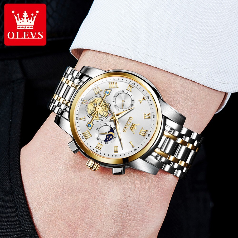 OLEVS Quartz Men’s Watch, Stainless Steel, Chronograph, Waterproof, Moon Phases
