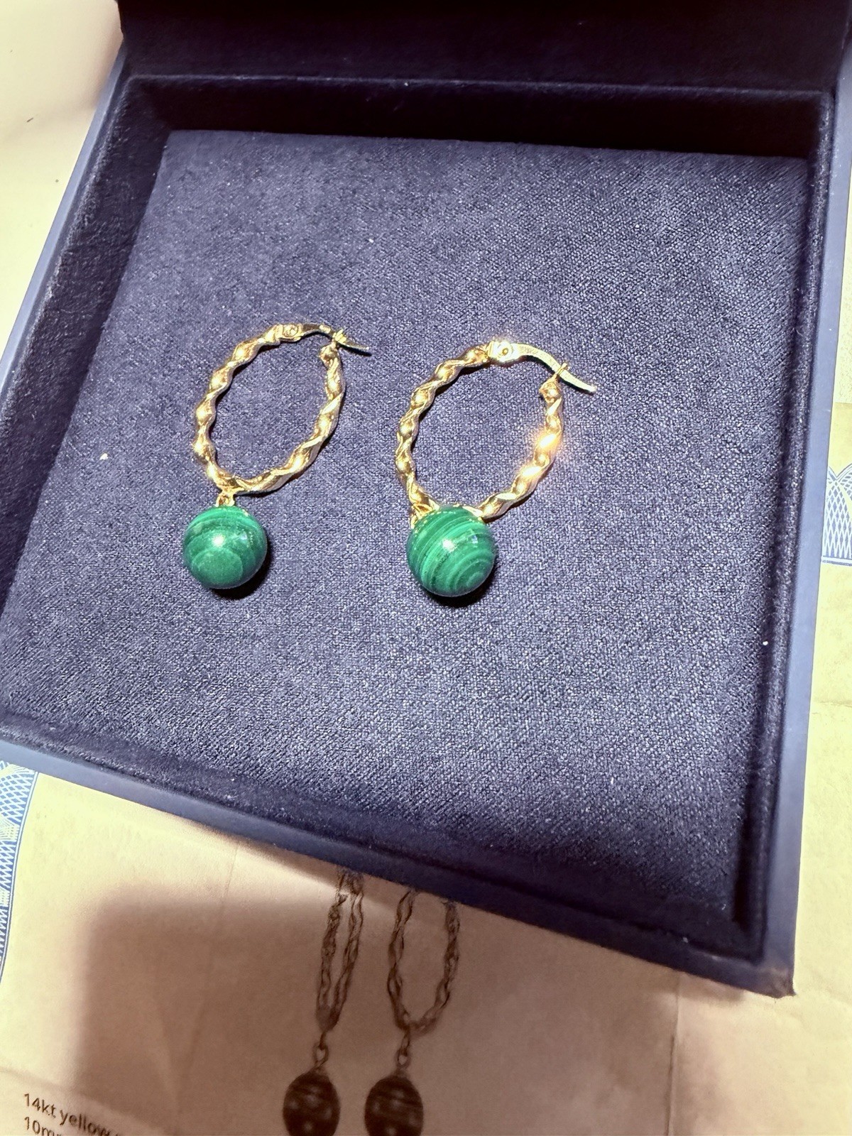 Costco 14k Yellow Gold Green Malachite 10mm Twisted Hoop Dangle Earrings