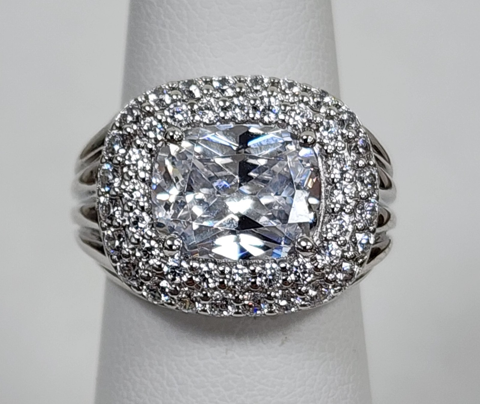 Diamonique x Jennifer Miller Sterling Silver Double Halo Cushion-Cut CZ Ring Sz5