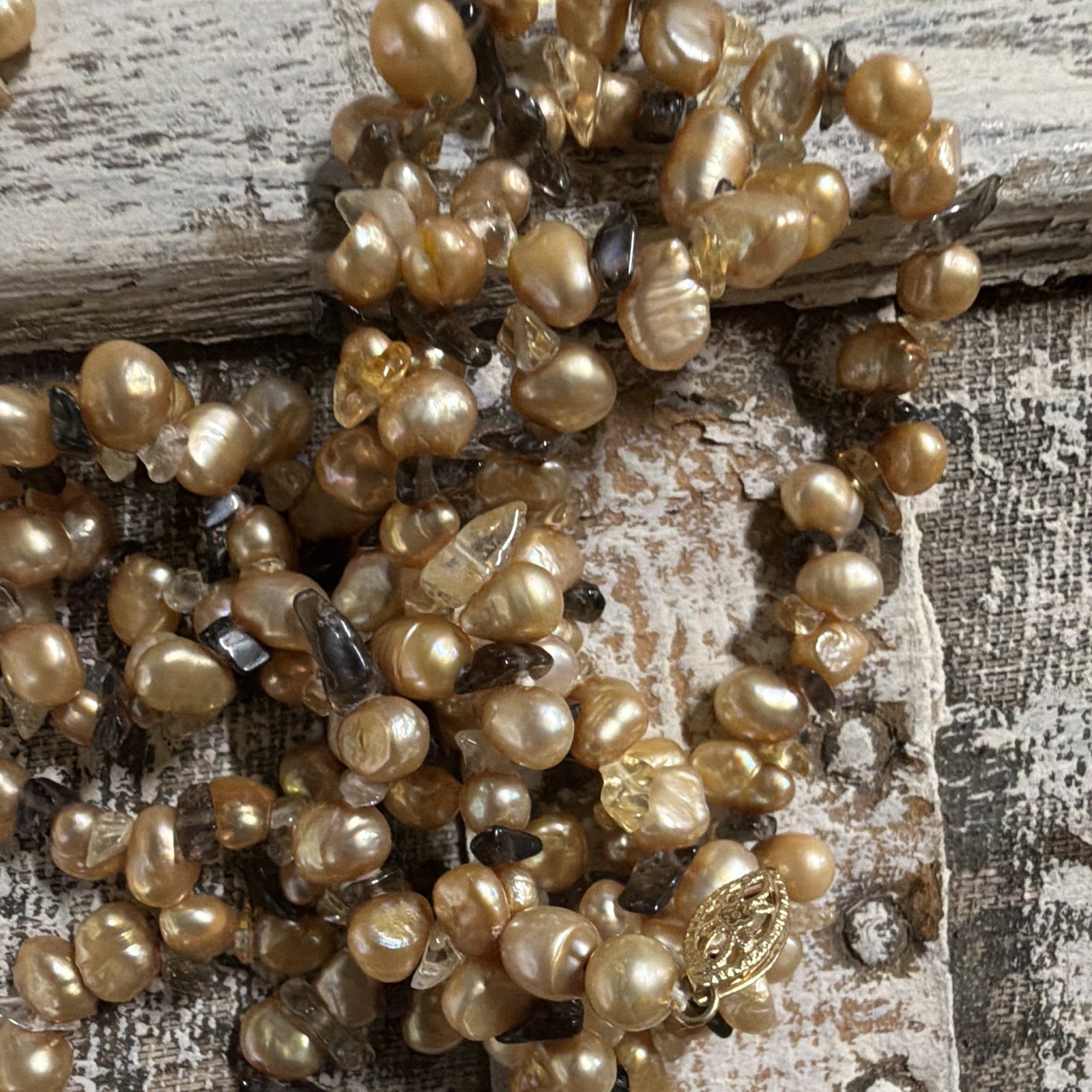 Artisan Champagne FW Pearl & Smokey Quartz Bracelet and Necklace 14K Yellow Gold