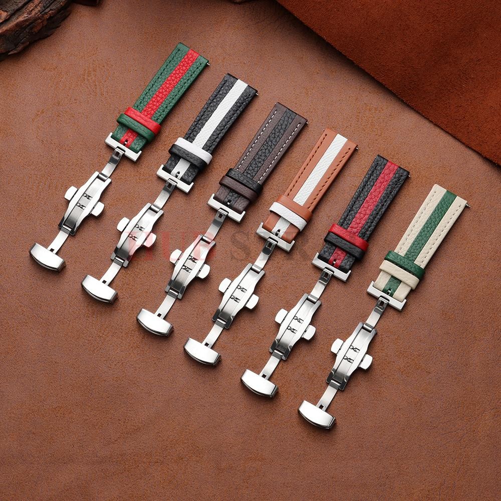 Genuine Calfskin Leather Watch Strap 20mm 22mm For Omega Seiko Butterfly Buckle