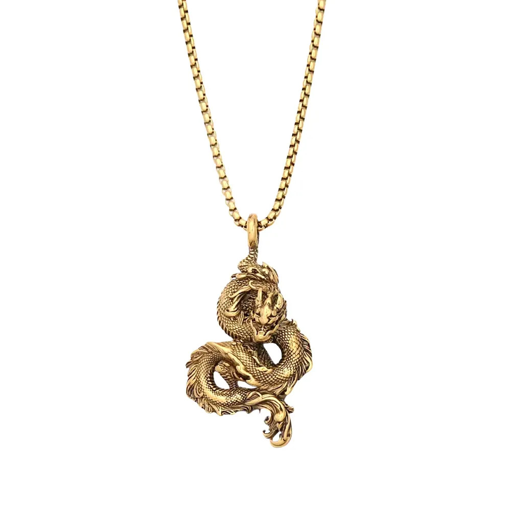 Antique Gold Silver Two Tone Stainless Steel Chinese Dragon Amulet Necklace Punk