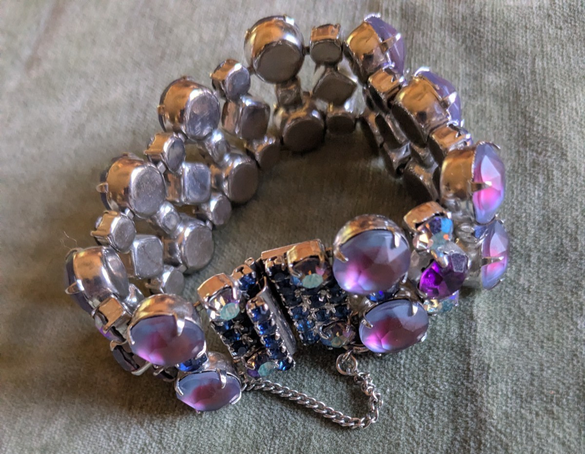 Vintage rhinestone bracelet pink, purple, blue MCM cuff safety chain unsigned