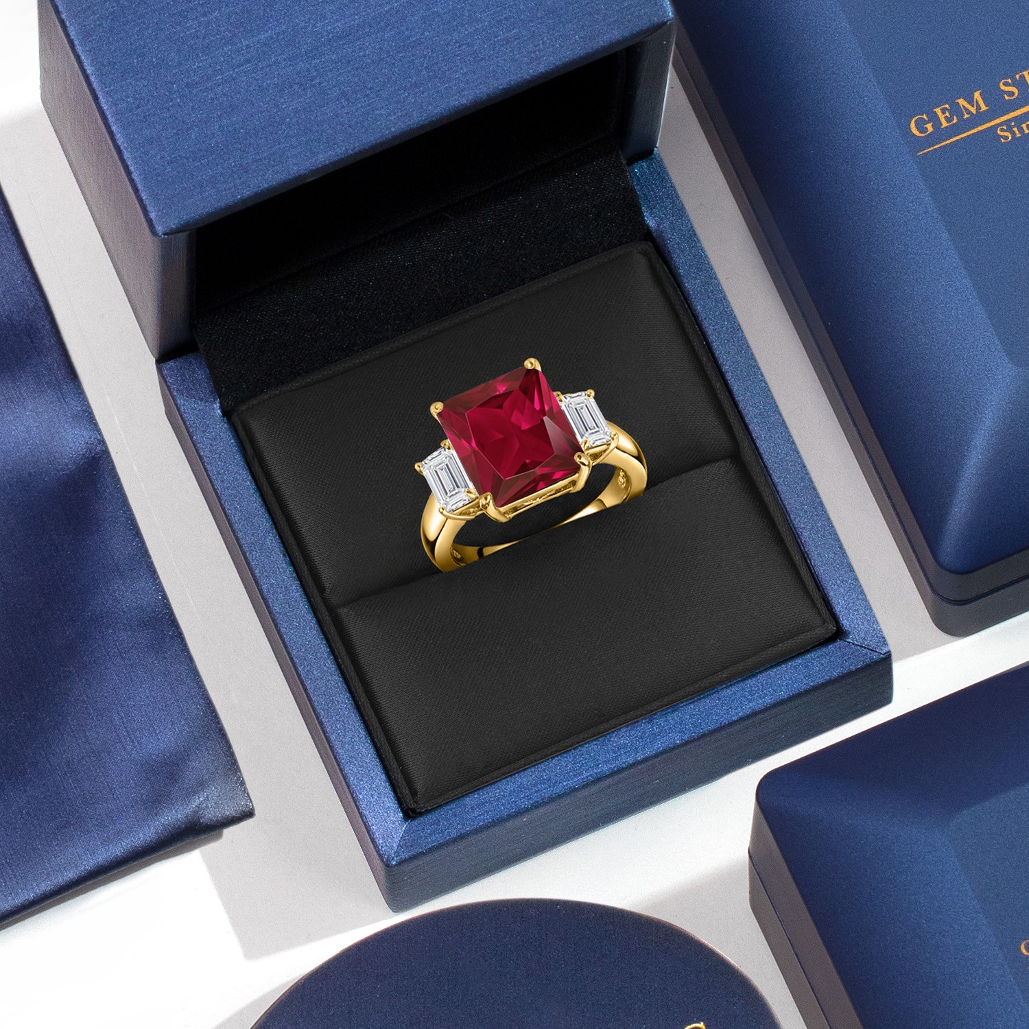 18K Yellow Gold Plated Silver Created Ruby and Lab Grown Diamond Engagement