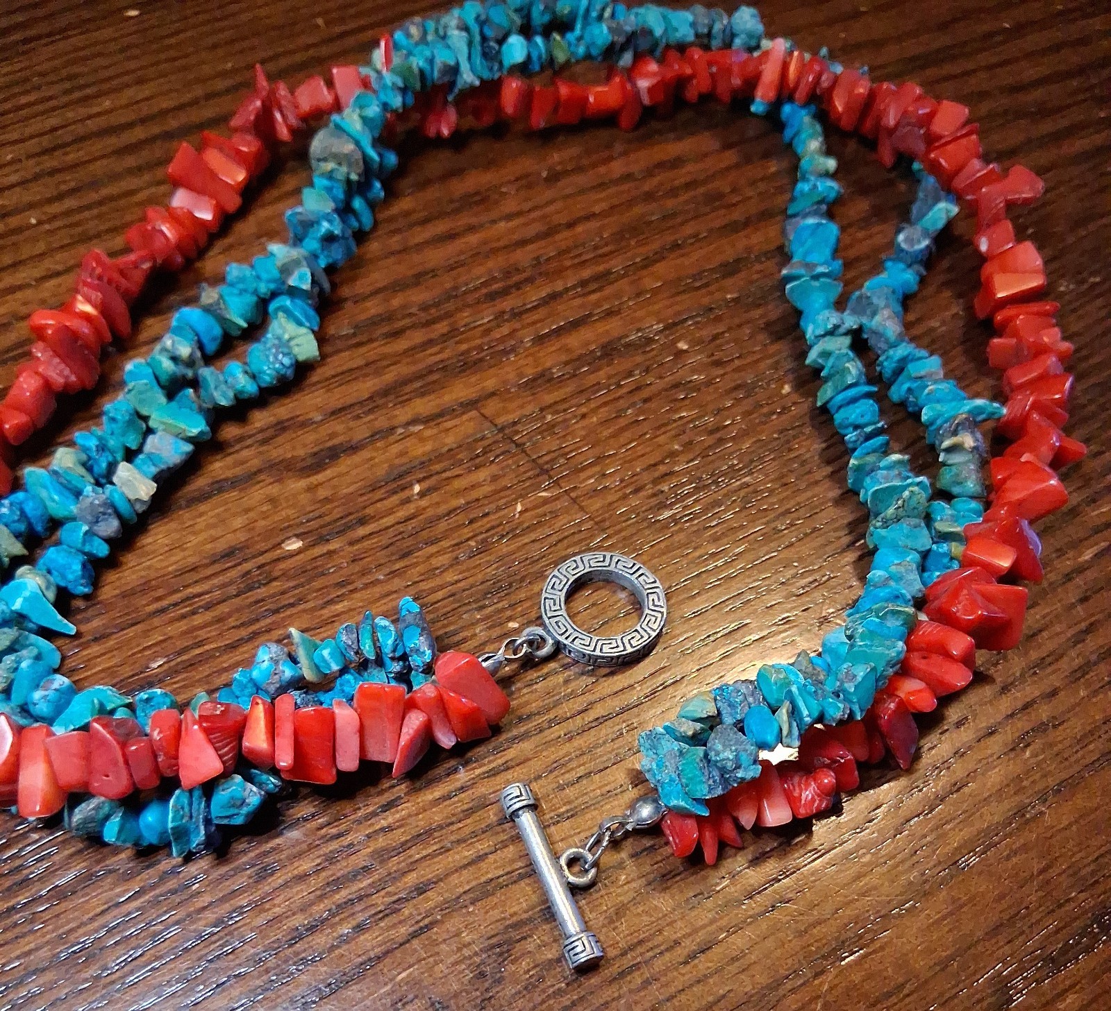 3 Strand Beaded Coral & Turquoise(?) Chip Necklace 16″ See Pics/Description