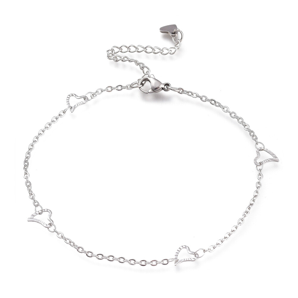 Stainless Steel Cable Anklet Bracelet Heart Lobster Silver Adjustable 9″ Z33