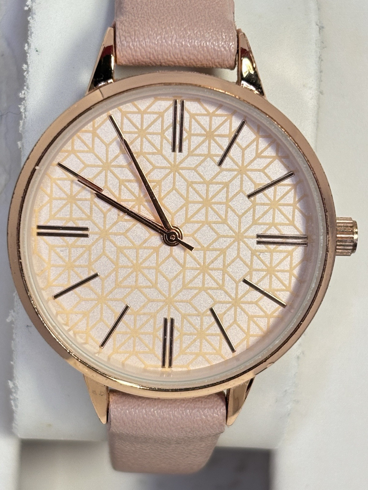 Pink Accutime Classic Ladies Watch, Faux Leather Band, Geometric Dial Pattern