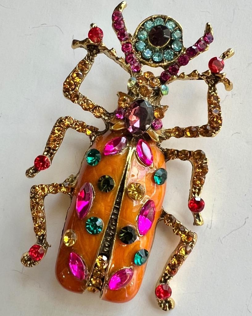 Scarab Beetle Pin LARGE Orange Enamel Rhinestone Victorian Egyptian Rev Vtg