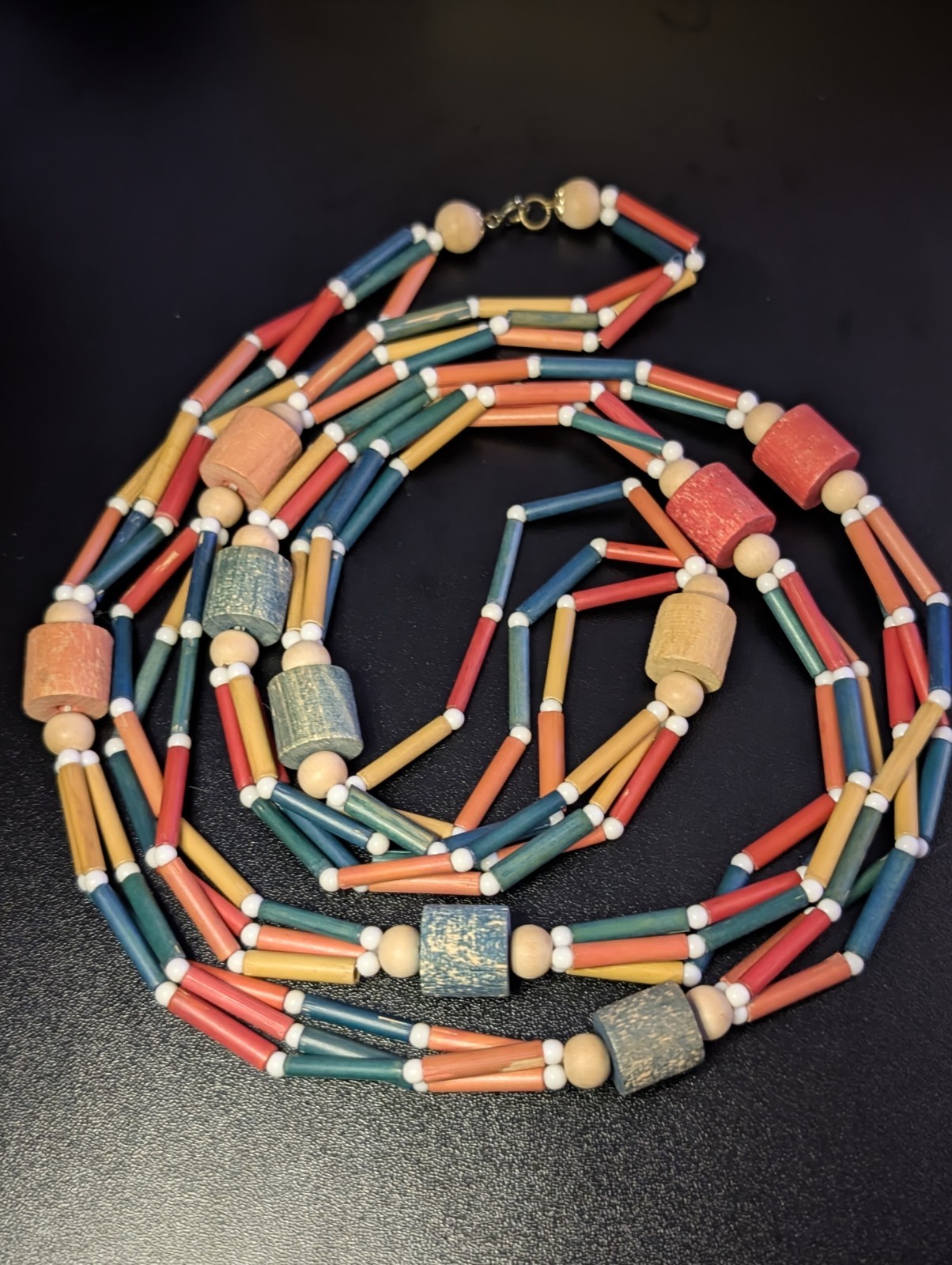 Vintage Multi-Strand Colorful Wood Bead Layered Statement Necklace Boho 70s…