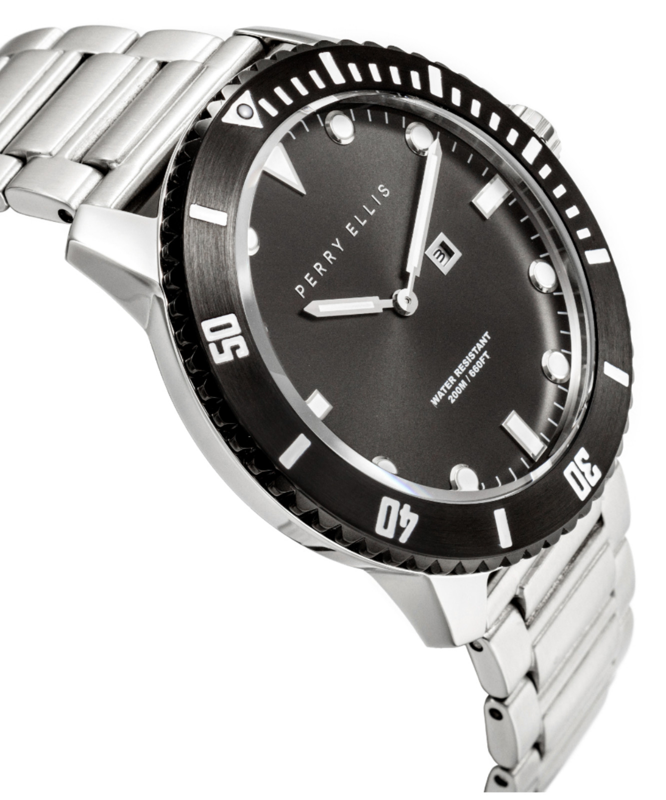 Perry Ellis 46mm Deep Diver Men’s Watch 200M WR Black Silver PEW02005-02 20ATM