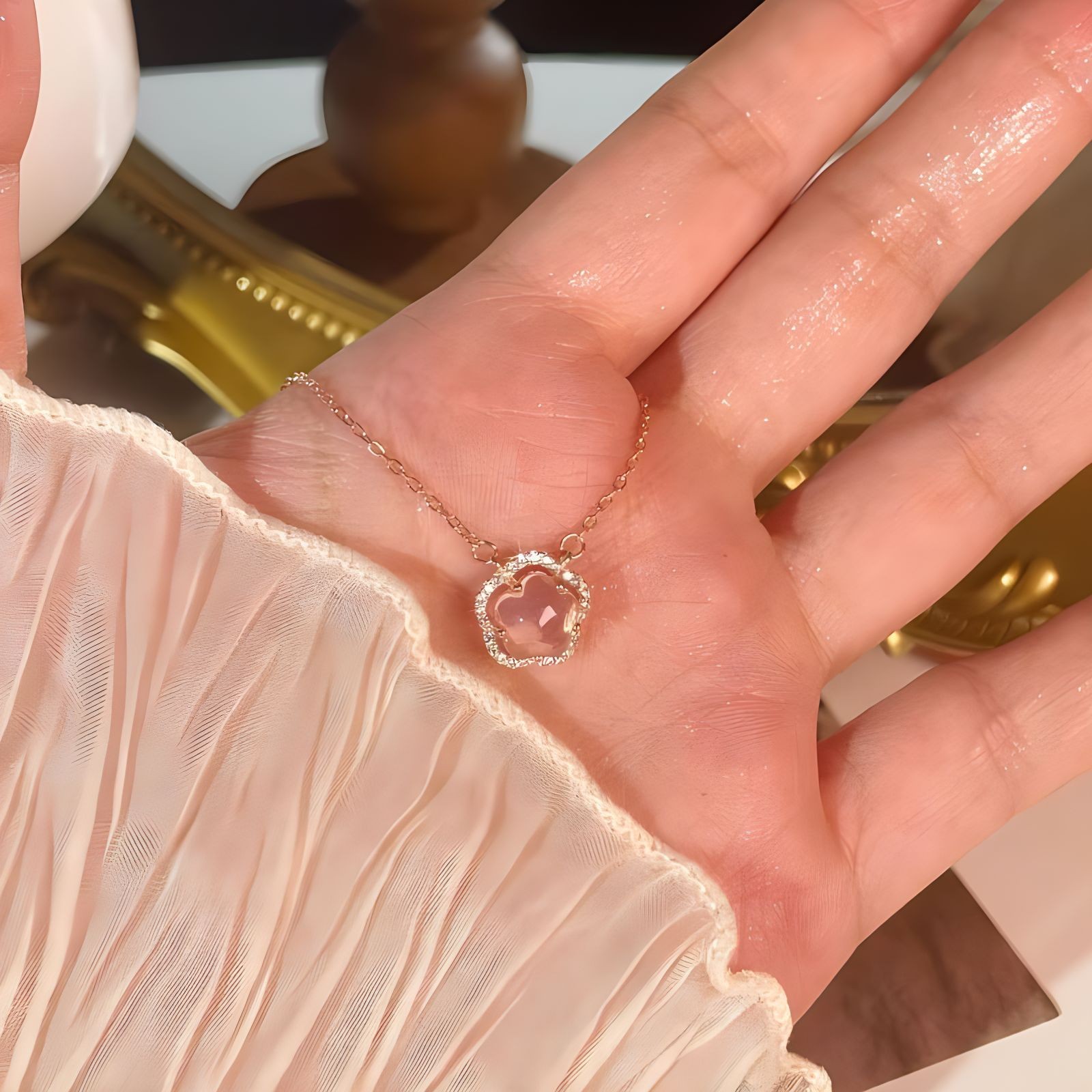 Fresh and sweet pink crystal cherry blossom flower collarbone chain