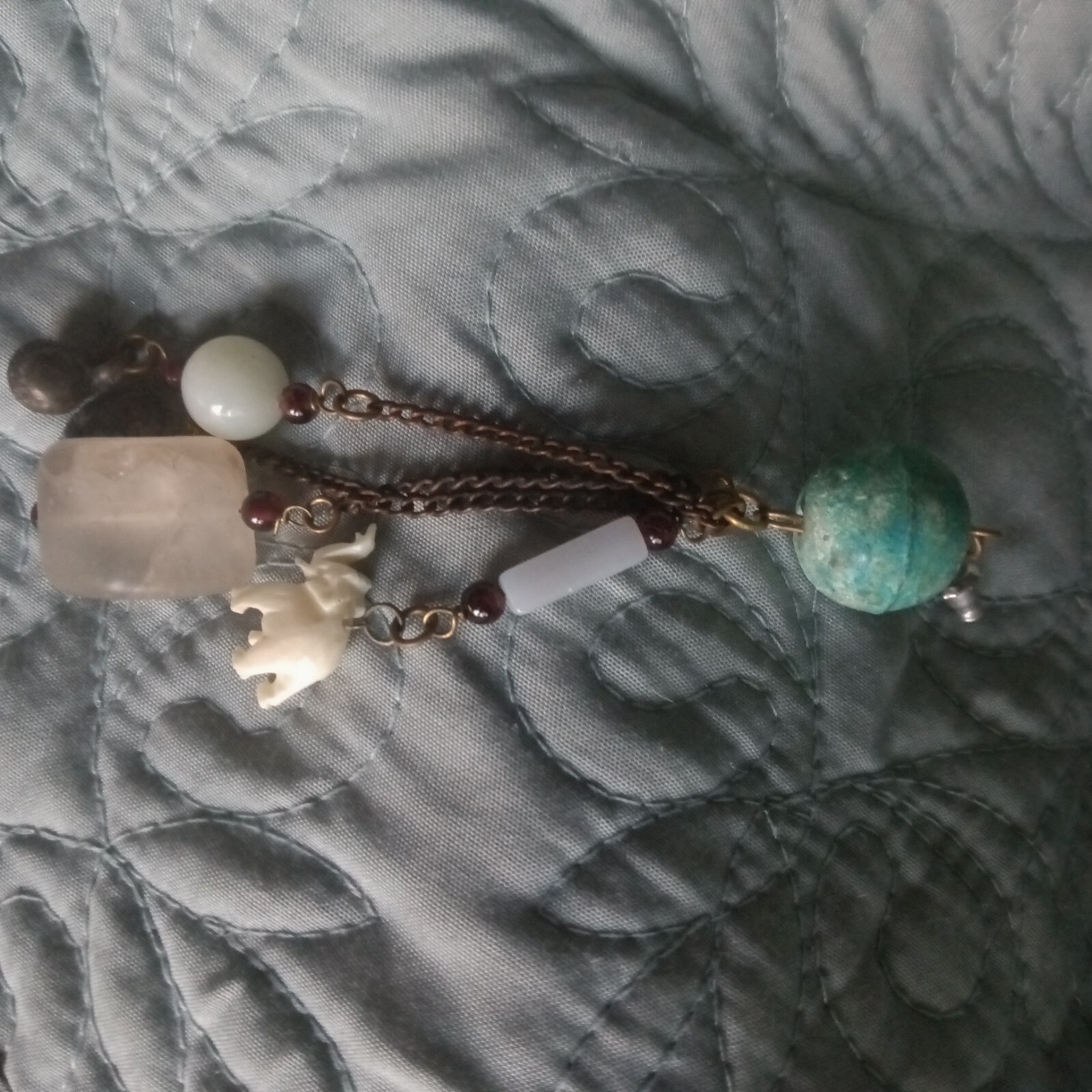 Crafted Dangle Drop Earrings 4″. Beads Granite Heart Elephant on Verdigris Ball.