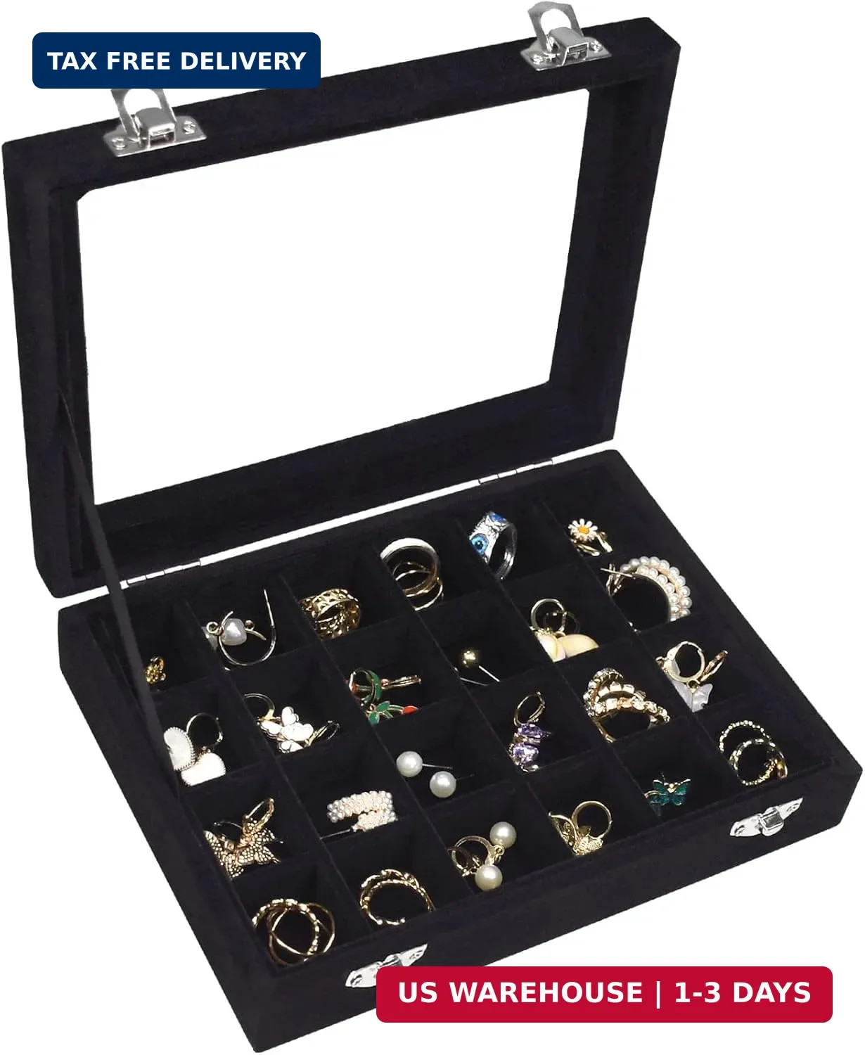 Velvet Jewelry Box 24 Grid Jewelry Ring Display Organiser Box Tray Holder Earrin