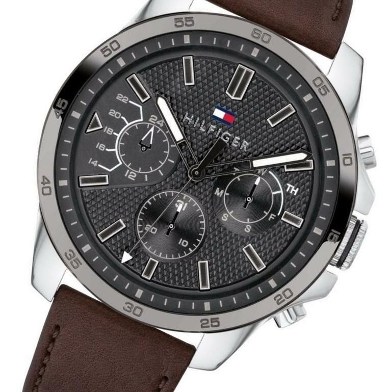 NEW TOMMY HILFIGER “ICONIC” TH1791562 SILVER/GREY/BROWN LEATHER MENS WATCH