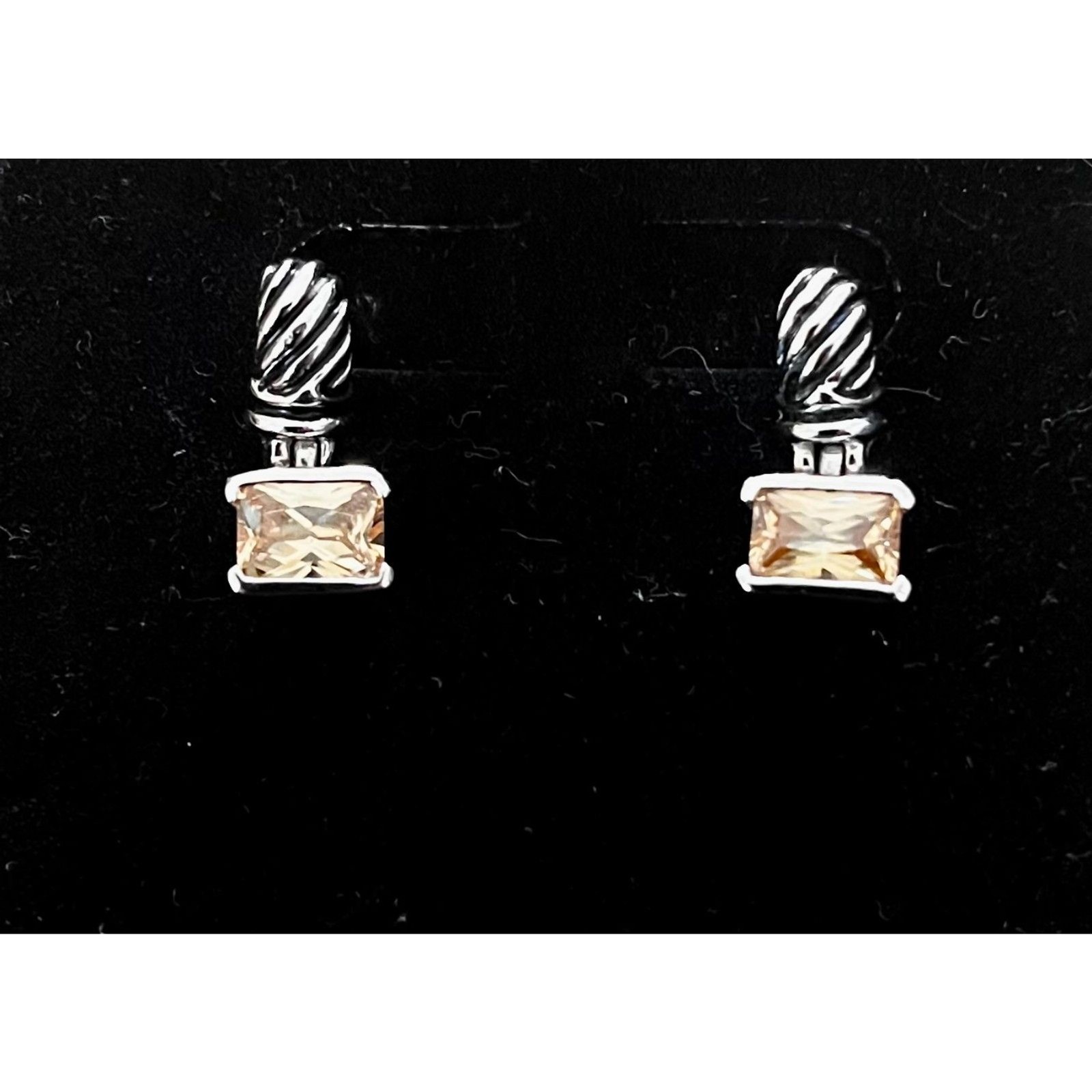 Silver / Black Accent Rope Twist Drop Earrings Cushion Cut Citrine (Post Backs)