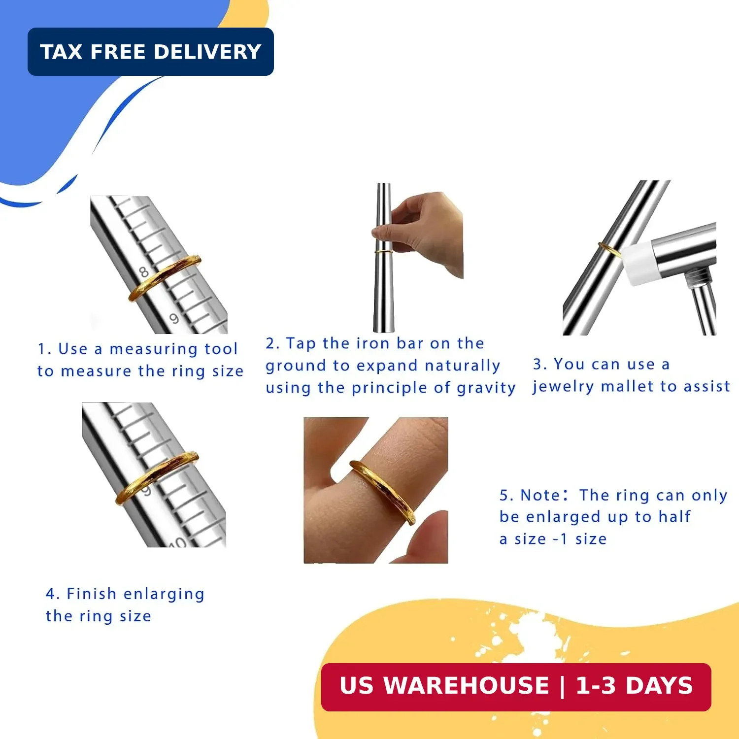 SDSLD Ring Mandrel Metal Ring Sizer Measuring Tool & Rubber Jewelry Hammer Ring