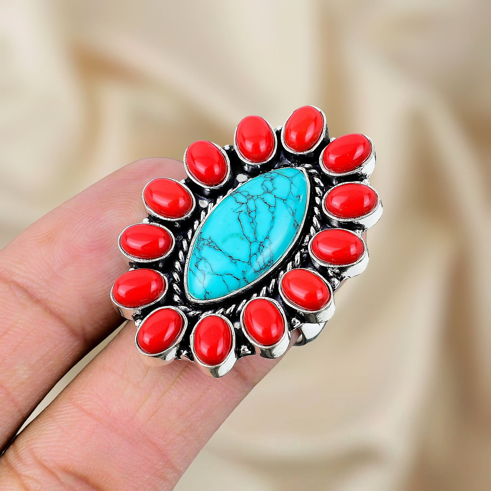 925 Sterling Silver Ring Turquoise Gemstone Ring Silver Statement Ring