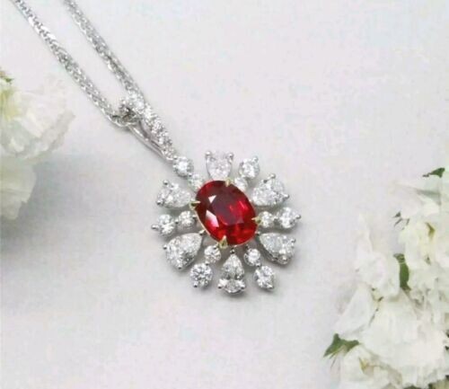 3Ct Oval Cut Lab Created Red Ruby Halo Flower Pendant 14K White Gold Plated SLVR