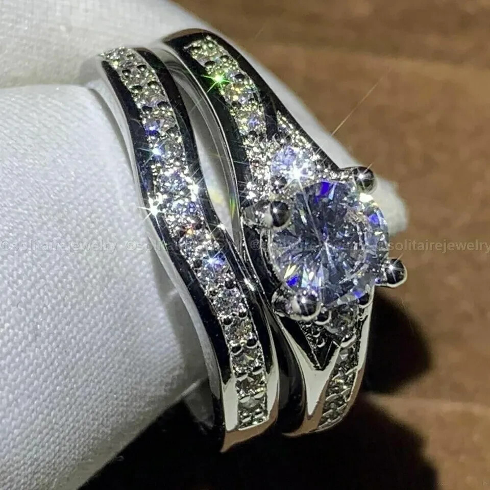 2.50Ct Round Cut Moissanite Bridal Set Engagement Ring 14k White Gold Plated