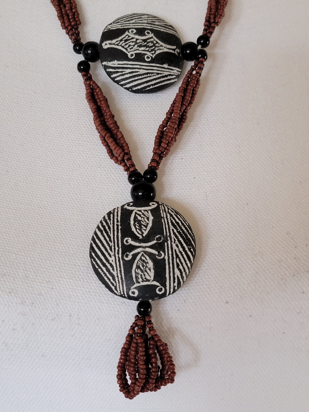 Vintage African Terracotta Pendant Necklace Beaded Handmade Brown Black & White