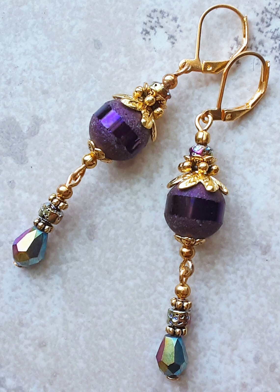 PURPLE FROSTED CRYSTAL Rainbow teardrop earring GP LEVERBACK handcrafted XCBA