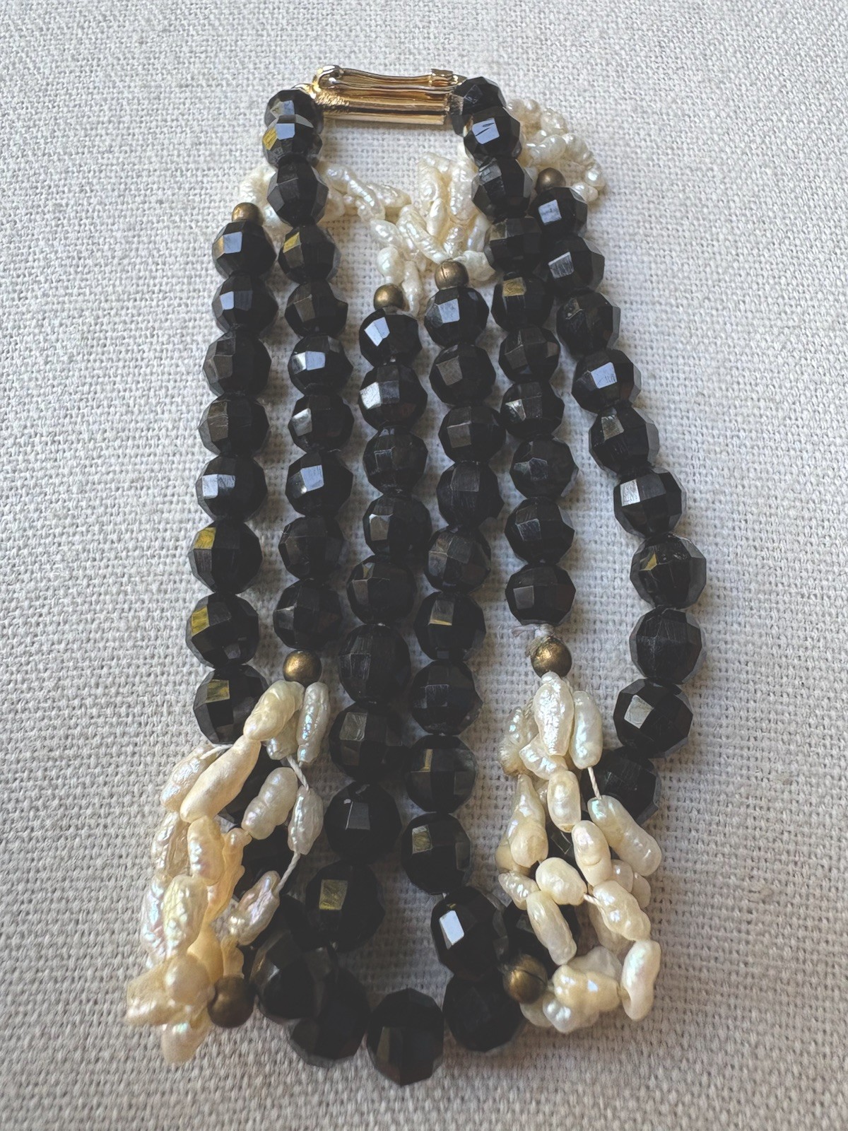 Vintage Mid-20th Century Faceted Black Onyx & Baroque Freshwater Pearl Necklace