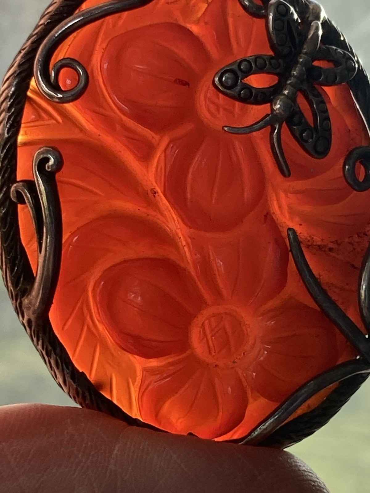 Carnelian Agate Butterfly Flower Big PENDANT Sterling Silver 925 Red Necklace
