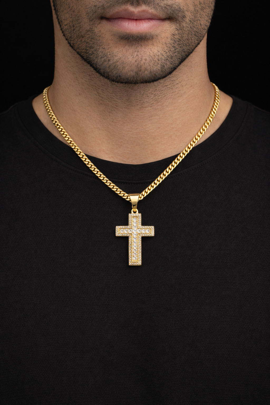Italian 1/200 14k Yellow Gold Two Row CZ Catholic Cross Religious Pendant