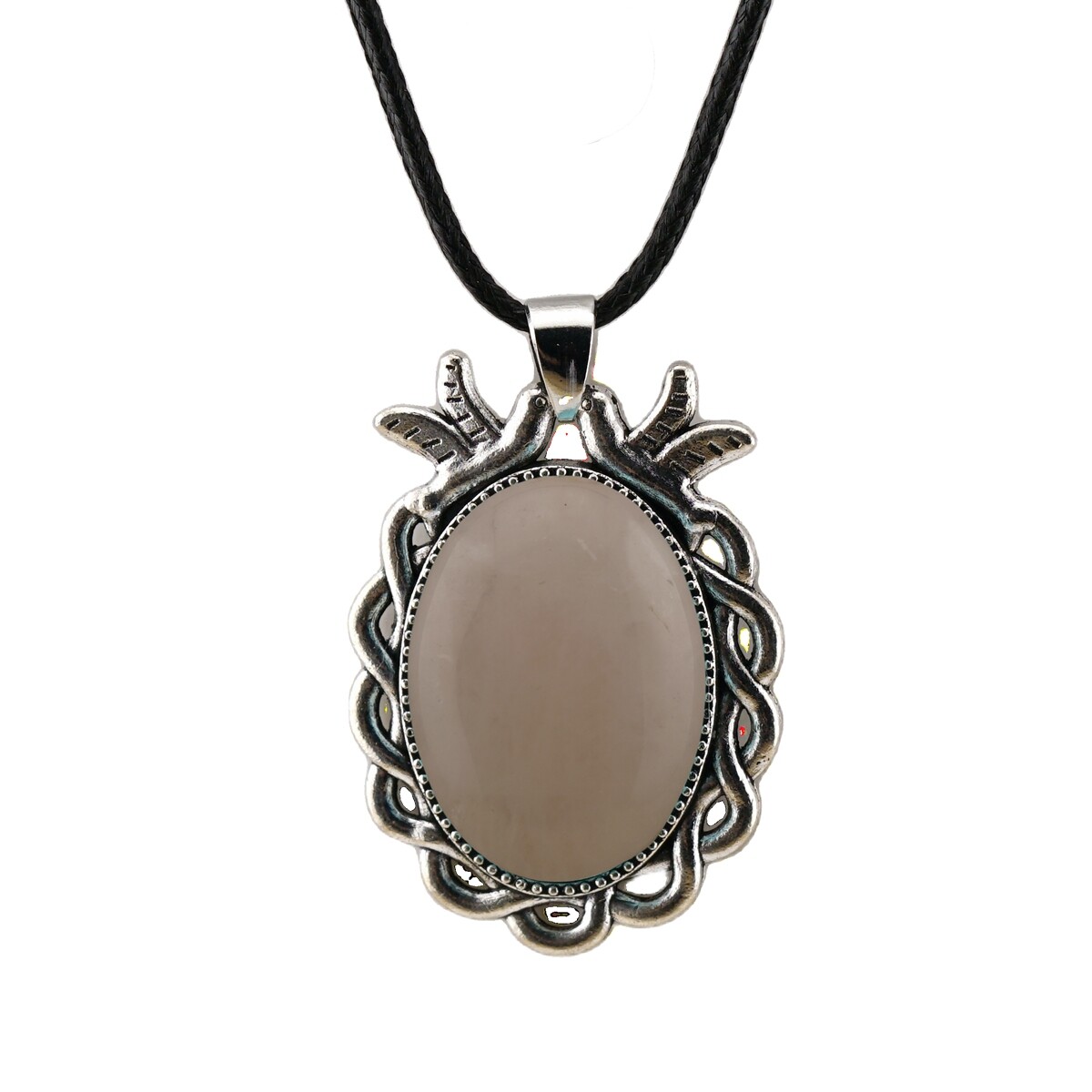 Natural Gemstone Oval Pendant with Lace and Bird Feather Wrapped Necklace
