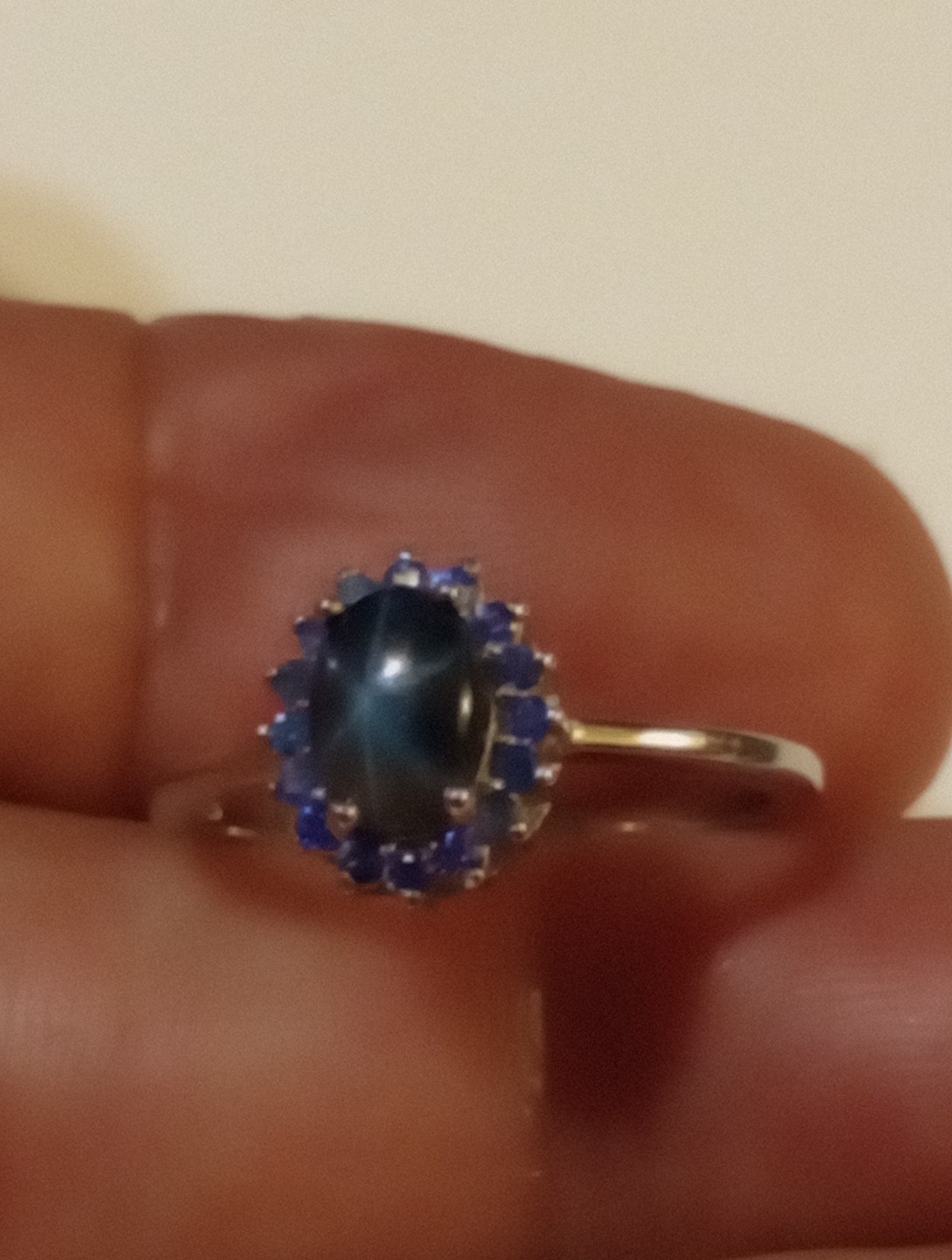 EARTHMINED STAR BLUE SAPPHIRE GEM TESTED 925 S 14K GOLD PLATED RING SIZE 7.5 ACC