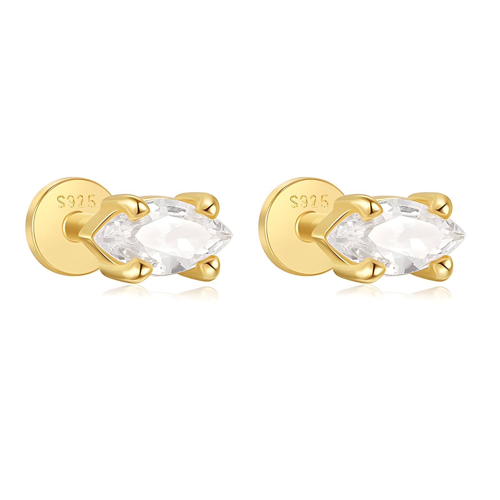 Marquise CZ Flat Back Earrings for Cartilage Helix Tragus Lobe 14Kt Gold Plat…