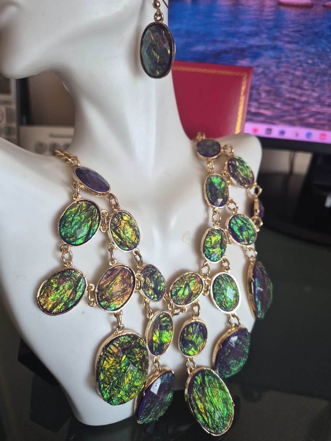 Designer Gold Color Created Opal Adjustable Necklace Up To 27″, Earrings Set