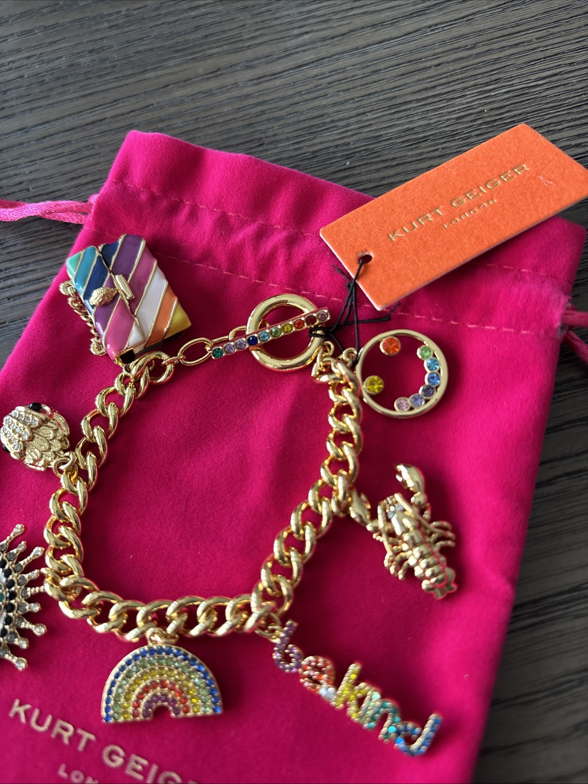 KURT GEIGER LONDON Multi Signature CHARM MULTICOLOR GOLD TONE BRACELET NWT $168