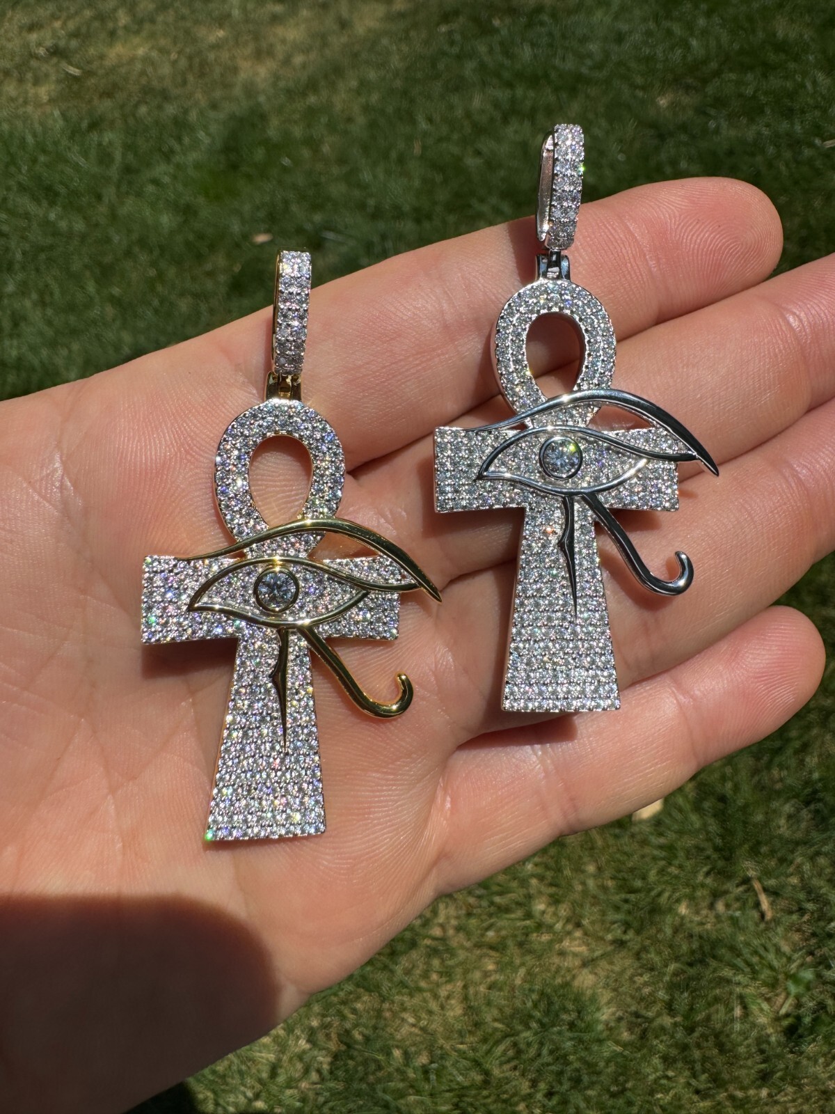 Moissanite Ankh Cross W. Eye Of Horus Pendant – Iced 925 Silver 2″ Mens Necklace