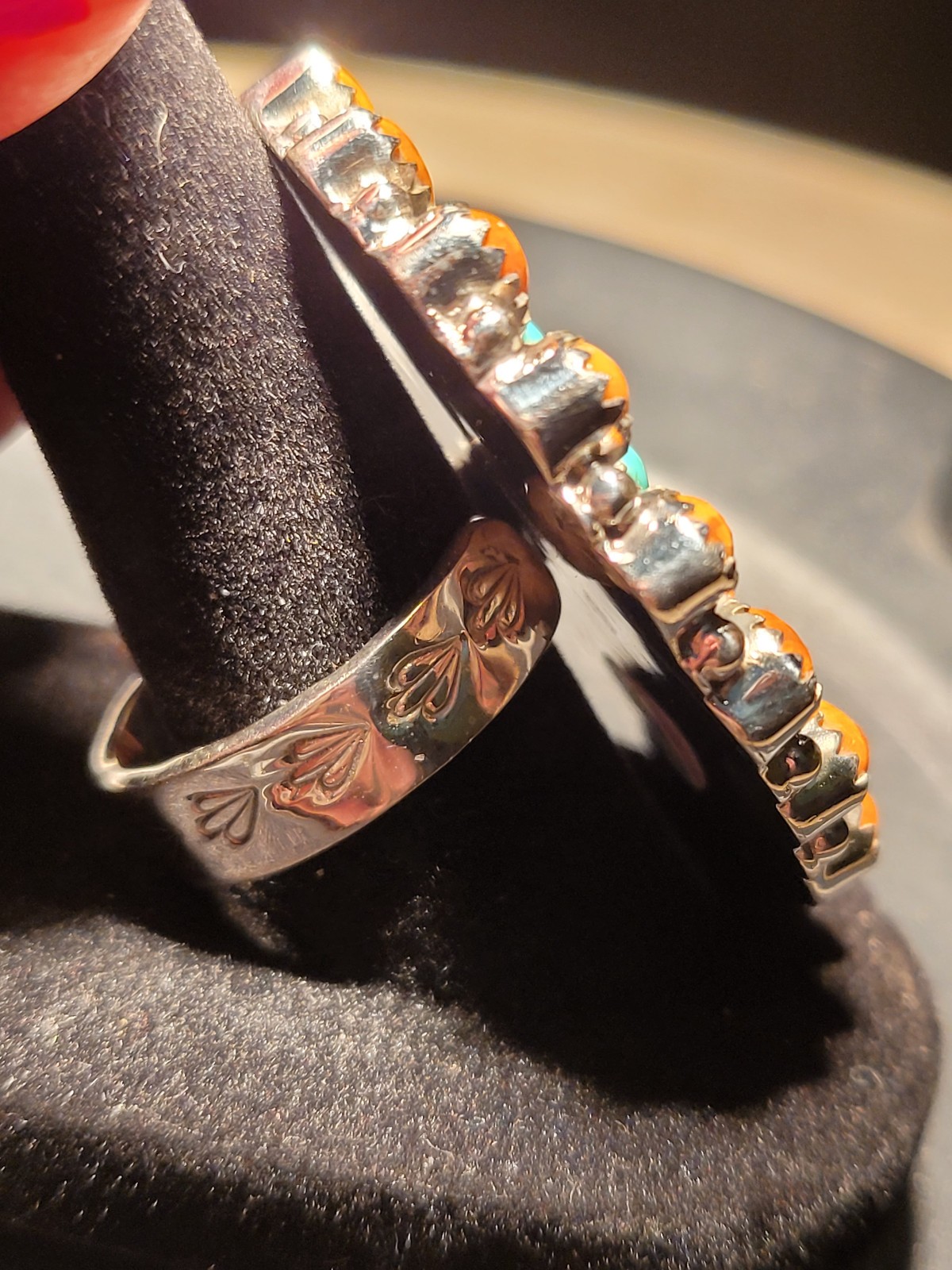 Turquoise & Orange Mojave SS 925 Adjustable Handmade Statement Ring -closed back
