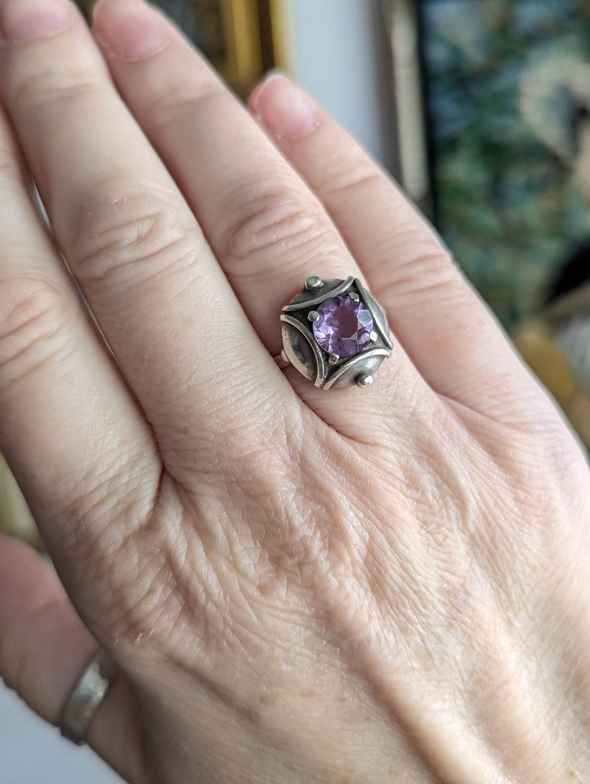 Vintage Amethyst & 835 Silver Ring-Unusual Setting-Lavender Gemstone