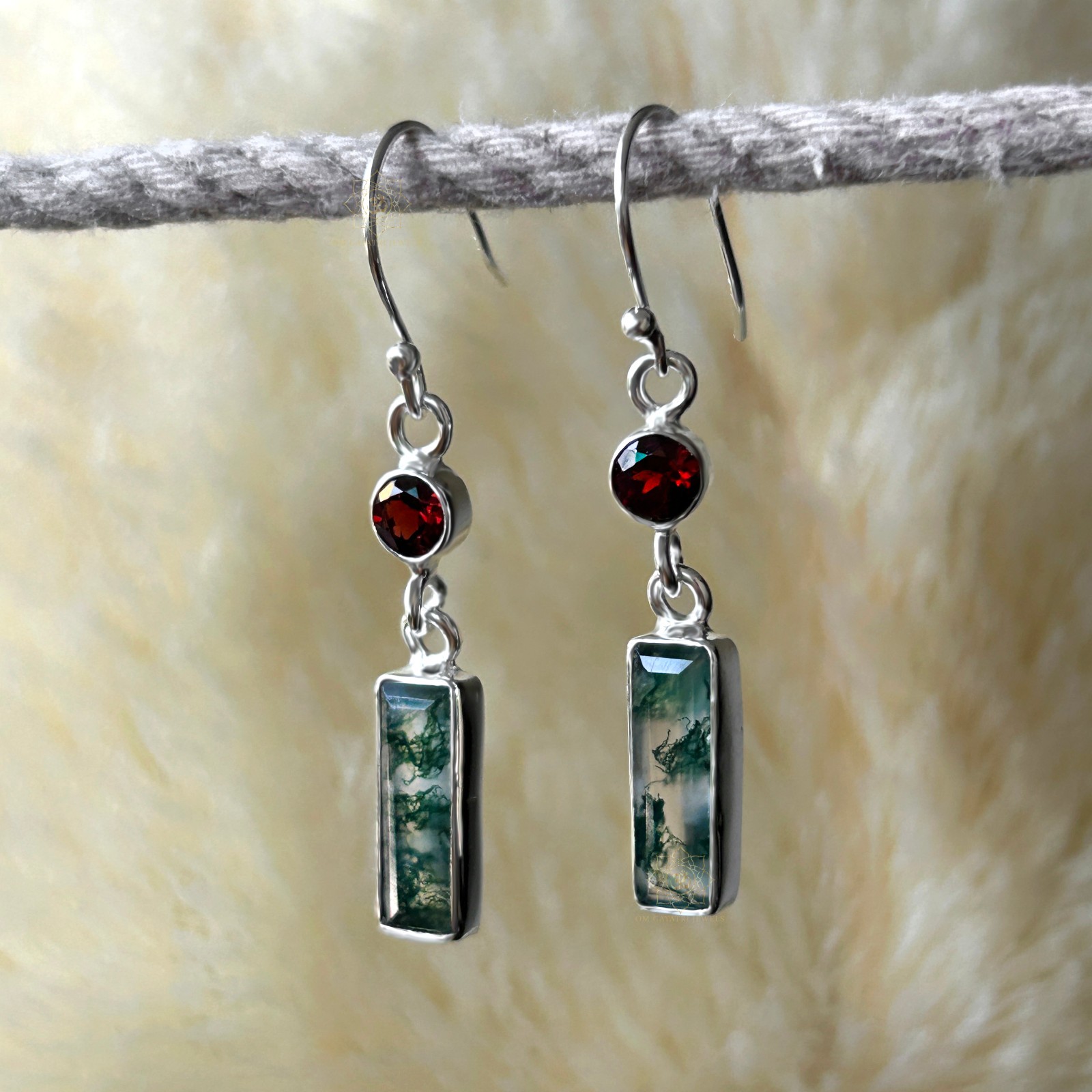 Rectangle Moss Agate & Garnet Earrings 925 Streling Silver Handmade Jewelry