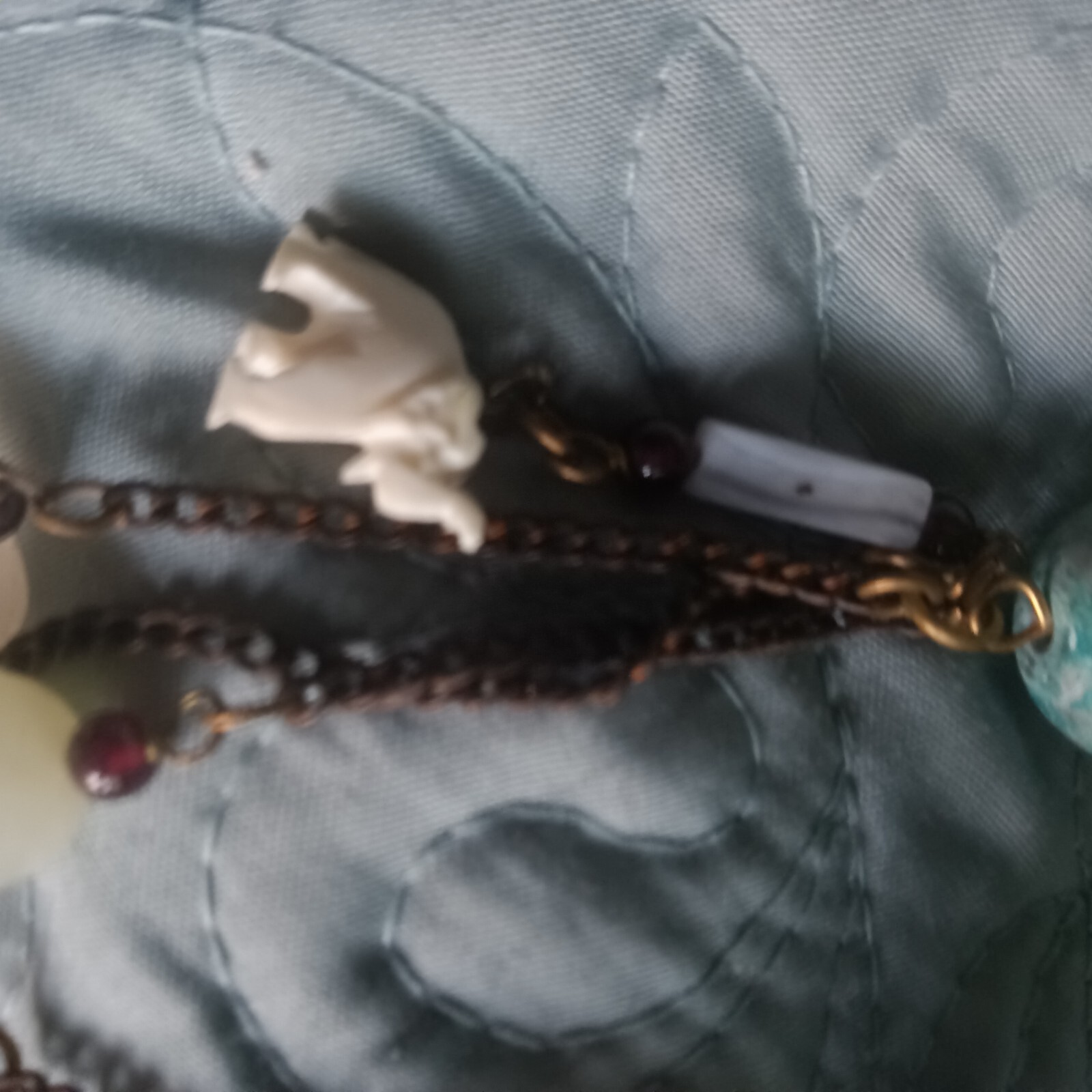 Crafted Dangle Drop Earrings 4″. Beads Granite Heart Elephant on Verdigris Ball.