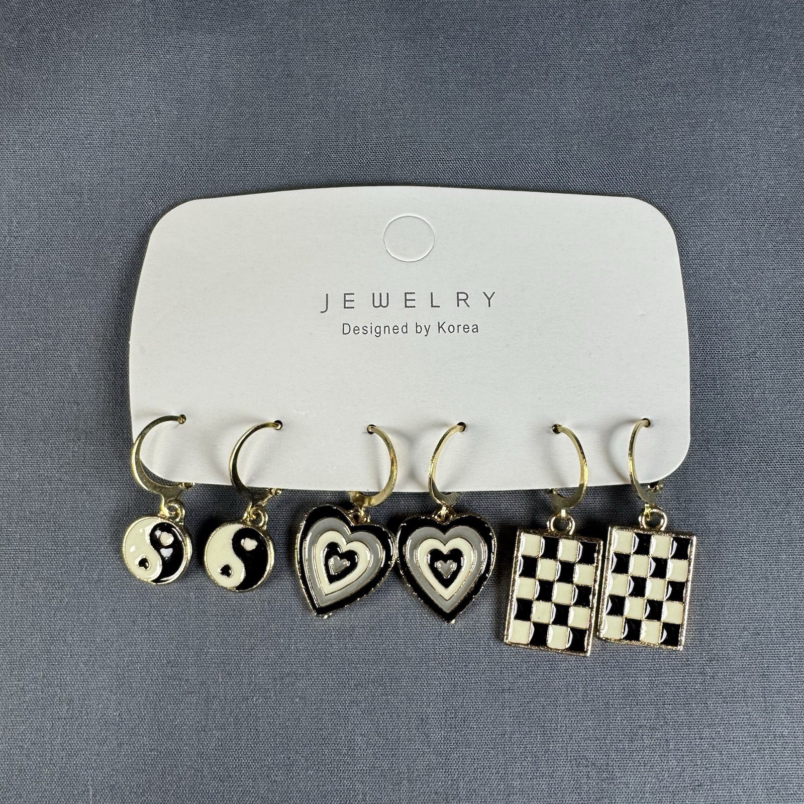 New 3 Pair Black White Yin Yang Checkerboard Huggie Hoop Earrings Gold Tone