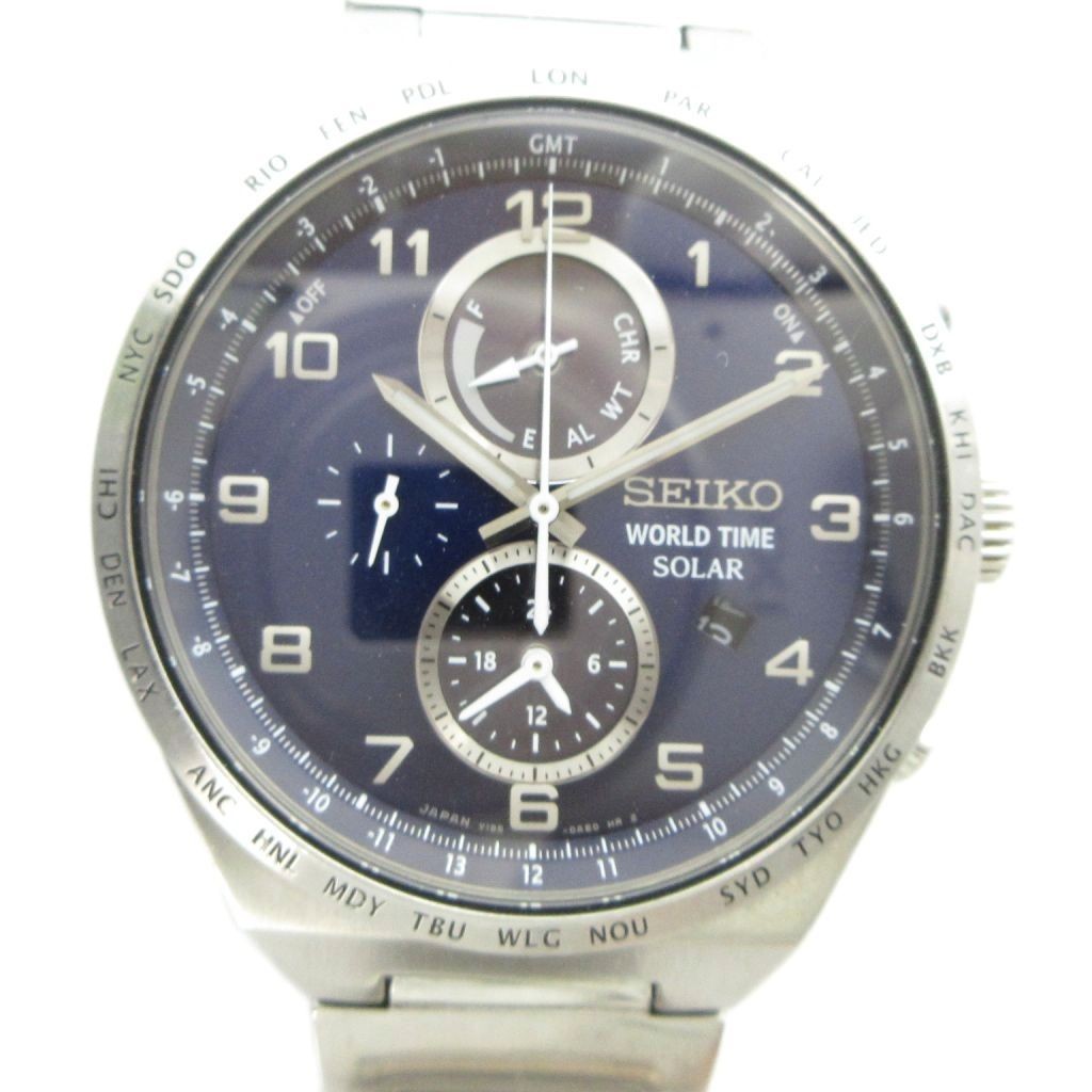 SEIKO WORLD TIME SOLAR V195 0AE0 World Time Solar Wristwatch Watch Quartz Chrono