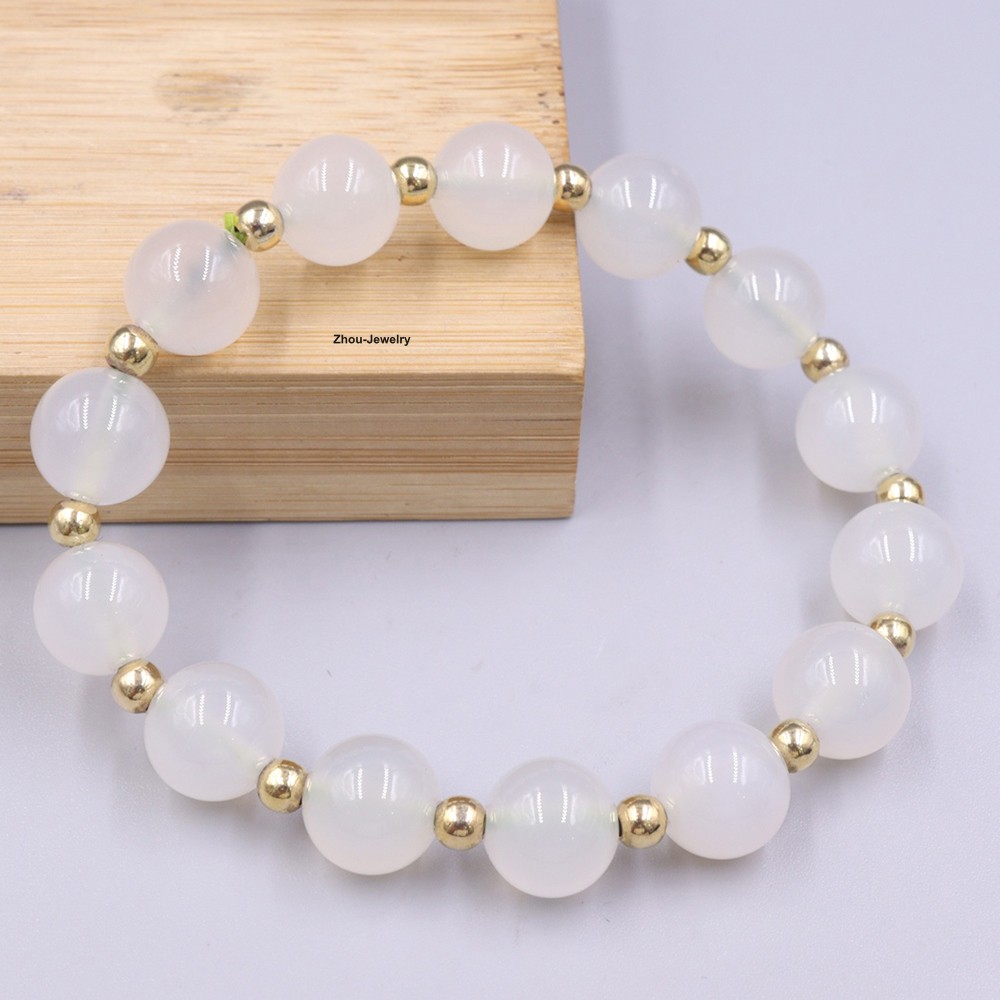Natural Chinese White Agate 10mm Bead Handmade Women’s Elastic Bracelet