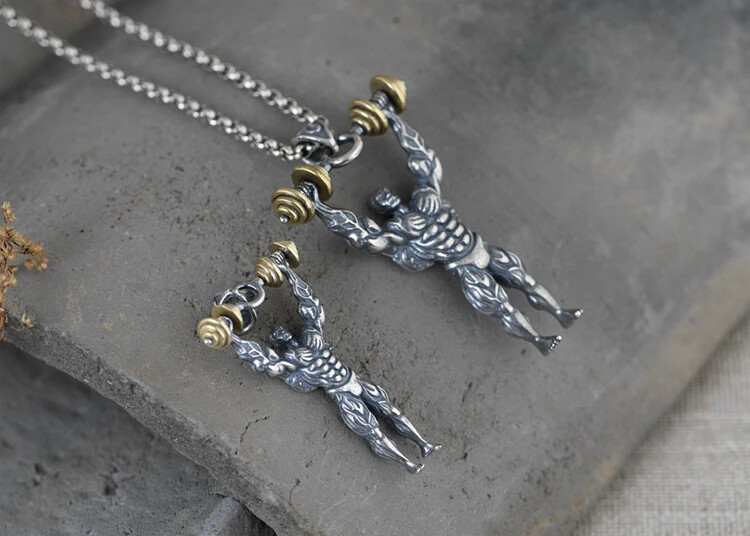 Real 925 Sterling Silver Retro Fitness Master Hip Hop Rock Pendant Men Jewelry