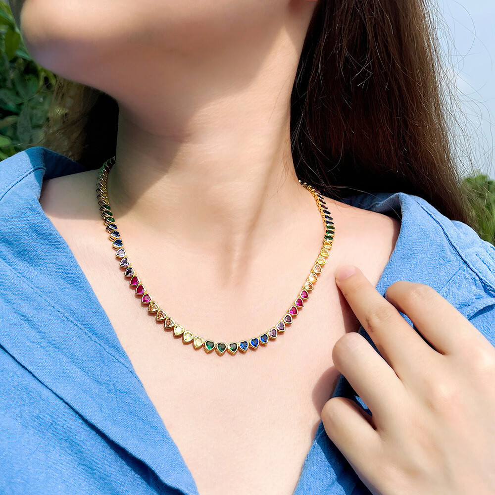 Gold Plated Rainbow Cubic Zircon Heart Tennis Necklace for Women Wedding Jewelry