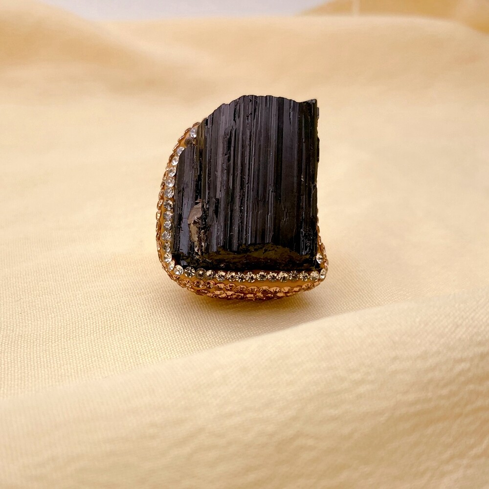 Natural Black Tourmaline Rough Raw Golden Crystal Pave Finger Ring Adjustable
