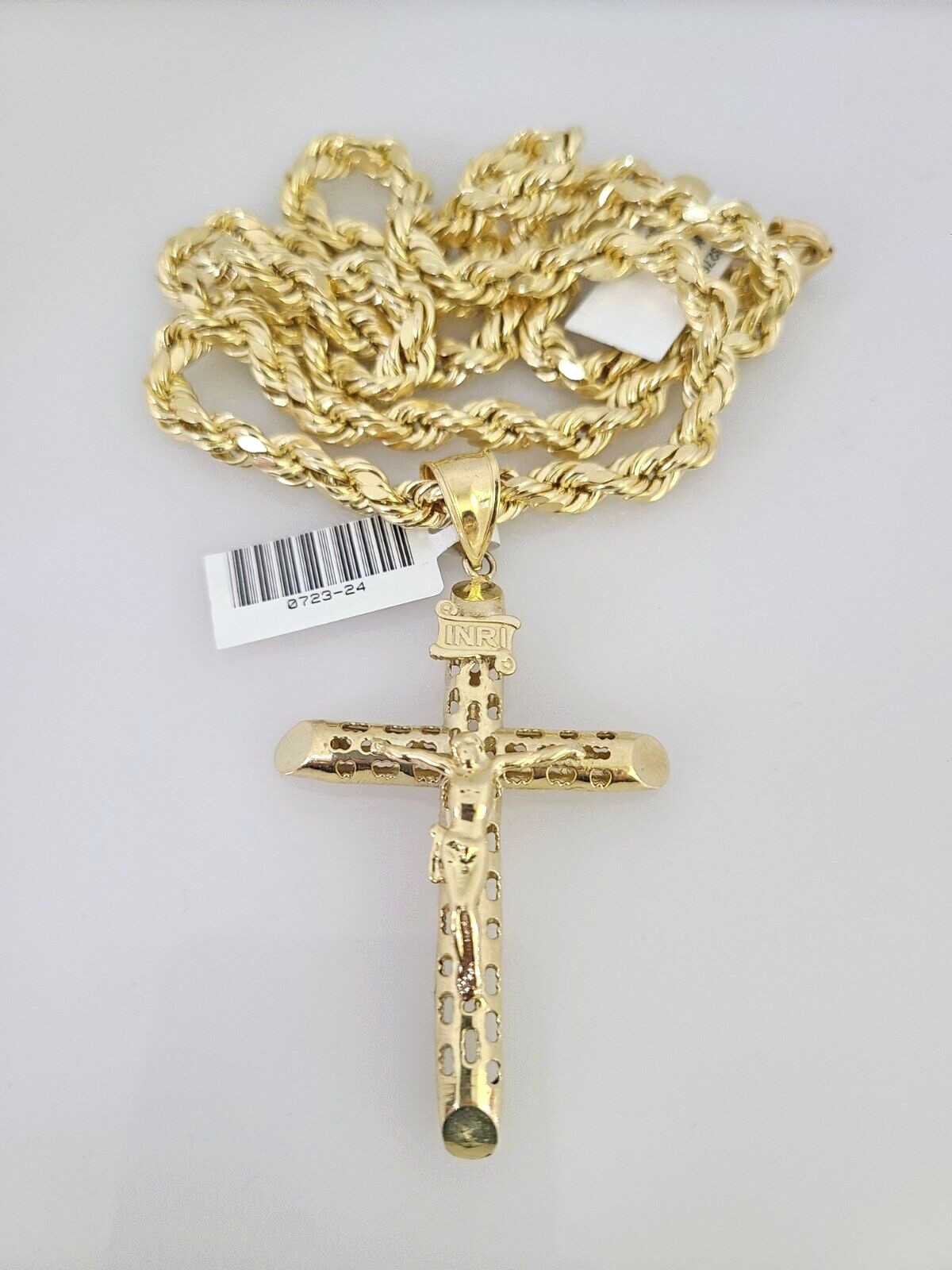10kt Gold Rope Chain INRI Cross Charm Set 18″-30” Inch 6mm Necklace Pendant